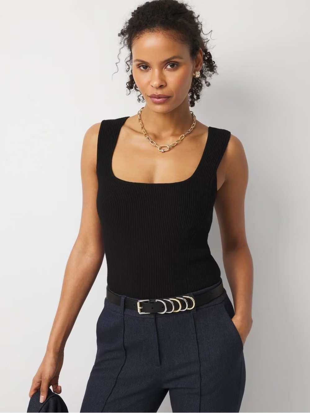 White House Black Market Black Ribbed Square-Neck Tank